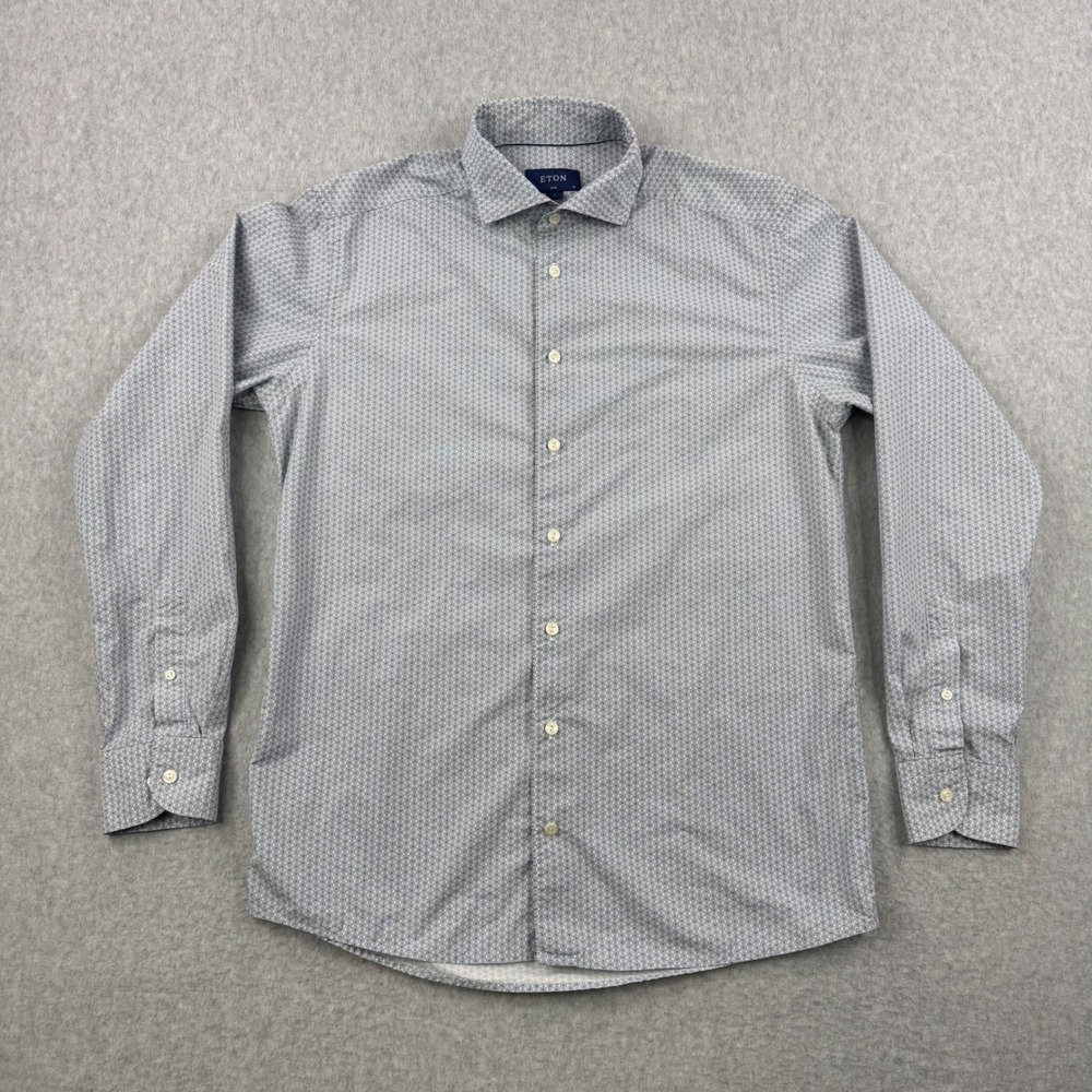 Eton Dress Shirt Mens Large Blue Geometric Slim Long‎ Sleeve Button Up Cotton